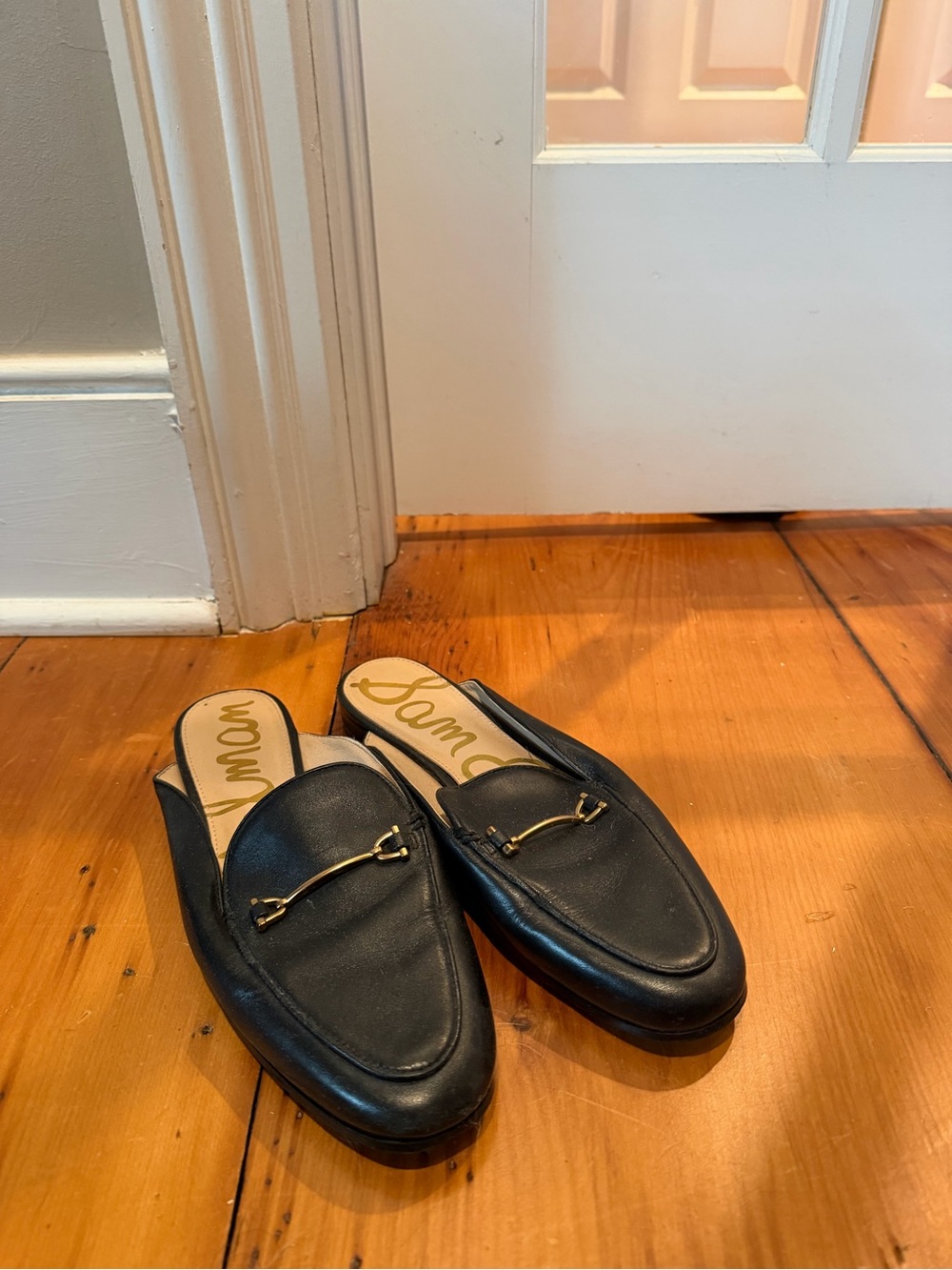 Sam Edelman Black Leather Slip-On Mules with Gold Horsebit